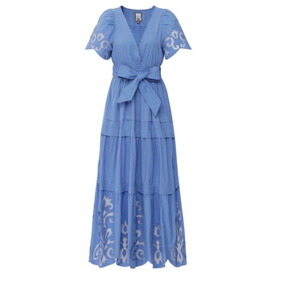 Scarlett Poppies Blue Solid Maxi Dress V-Neck Short Sleeve Smocked Belted S